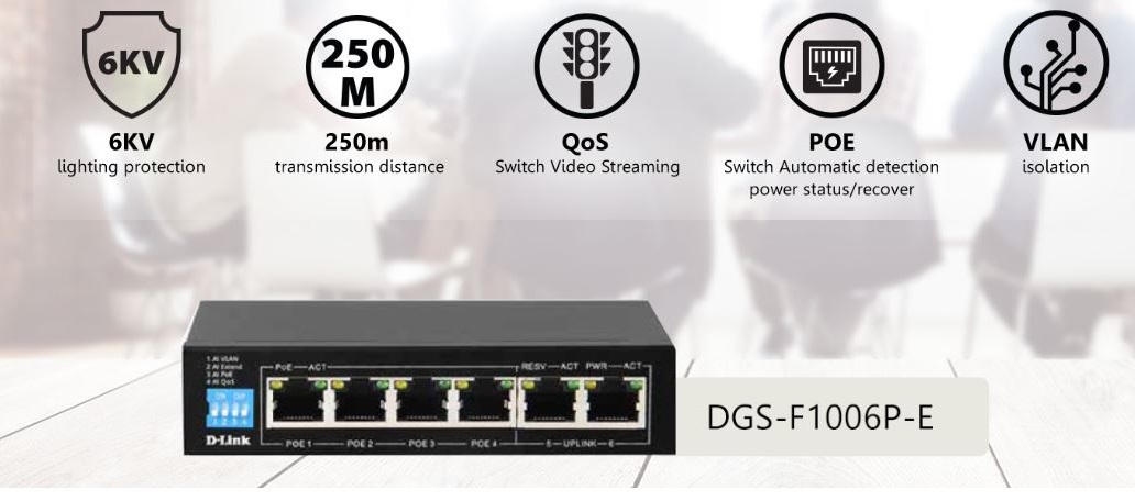 از جمله ویژگی‌های کلیدی DGS-F1006P-E می‌توان به حفاظت از صاعقه 6KV، فاصله انتقال 250 متری، QoS، قابلیت PoE و VLAN اشاره کرد.